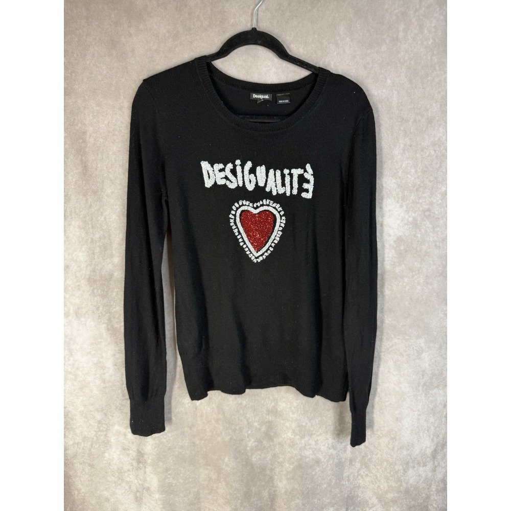 Desigual Sequin Heart Knit Long Sleeve Sweater In Black Women's Size S